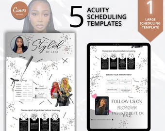 Può includere: Una grafica di marketing digitale con il testo "Styled by Lexi" e "Acuity Scheduling Templates". L'immagine include un ritratto di donna, un'illustrazione di pettine e un tablet che mostra le politiche di prenotazione. Il design è principalmente nero, bianco e argento.