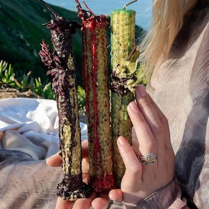 Może przedstawiać: Trzy świece z wosku pszczelego, jedna czerwona, jedna zielona i jedna brązowa, o strukturze plastra miodu. Świece są trzymane w dłoni osoby.