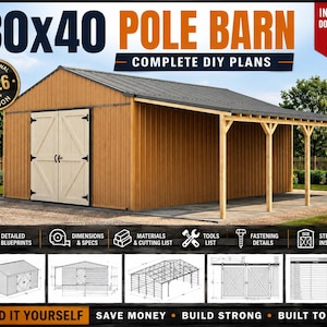 Könnte beinhalten: DIY-Baupläne für eine 30x40 Pfostenscheune mit brauner vertikaler Fassade, dunkelgrauem Metalldach, weißen Doppeltüren und einem offenen seitlichen Anbau. Enthält detaillierte Baupläne, Materiallisten und Schritt-für-Schritt-Anleitungen.