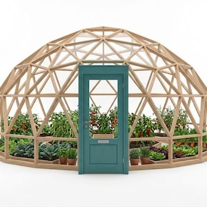 May include: A wooden geodesic dome greenhouse with a teal door. Inside, various plants, including tomatoes and leafy greens, are cultivated in raised beds. The structure is made of light-colored wood.