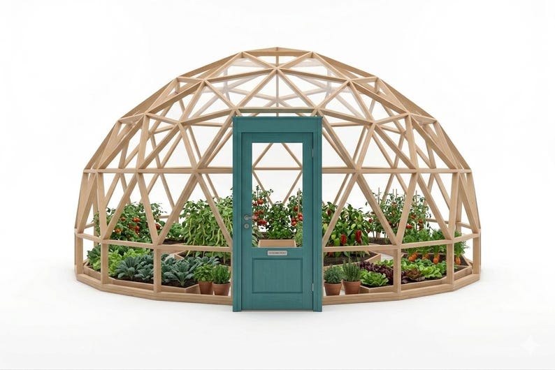 May include: A wooden geodesic dome greenhouse with a teal door. Inside, various plants, including tomatoes and leafy greens, are cultivated in raised beds. The structure is made of light-colored wood.