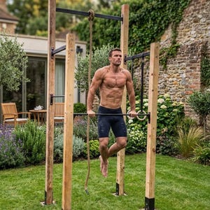 May include: A wooden outdoor fitness structure with a man doing a pull-up. The structure features a pull-up bar, gymnastic rings, and a rope. The man is wearing black shorts and is shirtless. The structure is set on a green lawn.