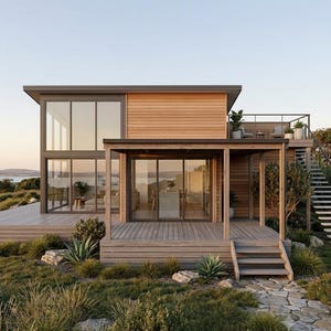 Puede incluir: Una casa de dos plantas con revestimiento de madera horizontal y grandes ventanales de cristal. La estructura cuenta con un porche cubierto en la planta baja con tarima de madera, un balcón en la planta superior con barandilla y una escalera.
