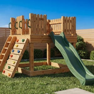 Può includere: Una struttura gioco in legno con piattaforma rialzata dotata di staccionata, una scala, una parete da arrampicata con prese multicolori e un lungo scivolo verde ondulato. La base include un'area sabbiera quadrata per giocare.