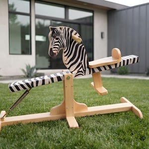 May include: A wooden seesaw featuring a zebra-patterned seat and a zebra head cutout. The structure includes a light-coloured wooden base, a central support post, a metal spring mechanism, and a small wooden backrest on the seat for stability.