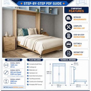 Puede incluir: Planos de cama abatible DIY en una guía PDF paso a paso. Incluye dibujos técnicos con dimensiones de 1600 mm de ancho, 2400 mm de alto y 450 mm de profundidad cerrado. Contiene una lista de materiales, lista de corte e instrucciones.