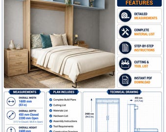 Progetti fai da te per letto a scomparsa / Guida alla costruzione di un letto a parete verticale (PDF digitale)