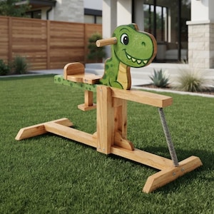 May include: A wooden spring-based rocking toy featuring a green dinosaur head with a smiling expression. The structure includes a natural wood finish, a small seat, a horizontal bar with a handle, and a metal spring attached to the front base.