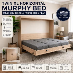 Twin XL Horizontal Murphy Bed Plans, DIY Wall Bed Woodworking (PDF)