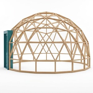 May include: A wooden geodesic dome structure with a teal door. The dome is constructed from light-colored wooden beams, forming a geometric pattern. The door is rectangular and has a teal finish, contrasting with the wood.