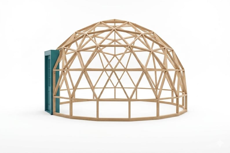 May include: A wooden geodesic dome structure with a teal door. The dome is constructed from light-colored wooden beams, forming a geometric pattern. The door is rectangular and has a teal finish, contrasting with the wood.