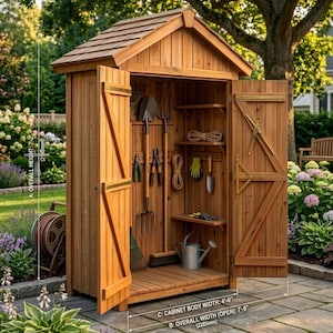 Può includere: Un armadio da giardino in legno con due ante aperte, dotato di ripiani interni e ganci per vari attrezzi. La struttura ha un'altezza complessiva di 2188 mm, una larghezza del corpo di 4 piedi e una larghezza totale da aperto di 2285 mm.