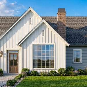 May include: A single-story house with white vertical board-and-batten siding on the central gables and light gray horizontal siding on the sides. The roof is covered in gray shingles, featuring a prominent brick chimney and a brown wooden front door.