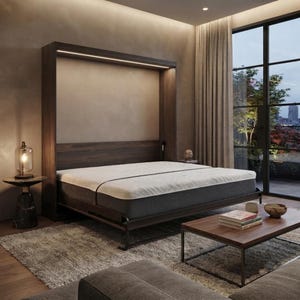May include: A dark wood wall-mounted bed frame featuring an integrated horizontal LED light strip along the top interior edge. The bed includes a thick white mattress with a textured surface, positioned within a rectangular wooden frame structure.