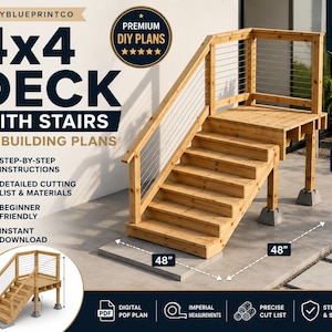 Op de afbeelding: Digitale doe-het-zelf bouwplannen voor een 4x4 terras met trap, voorzien van een houten structuur met kabelleuningen. Inclusief stapsgewijze instructies, een zaaglijst en materialen. De afgewerkte hoogte is 132 cm, met een breedte van 122 cm.