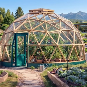 May include: A wooden-framed geodesic dome greenhouse with a teal door, filled with potted plants. The structure is set in a lush garden with a pathway, raised beds, and a small pond, with mountains in the background.