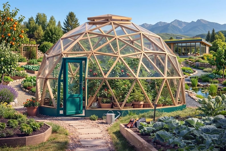 May include: A wooden-framed geodesic dome greenhouse with a teal door, filled with potted plants. The structure is set in a lush garden with a pathway, raised beds, and a small pond, with mountains in the background.