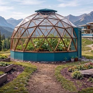 May include: A teal geodesic dome greenhouse with wooden framing, filled with plants. The structure sits in a garden with raised beds and a pathway, against a backdrop of mountains and a modern house.