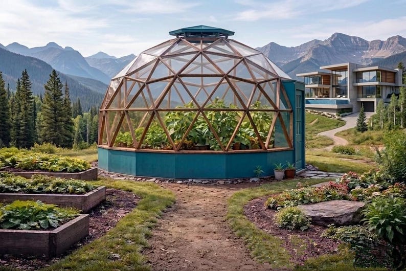 May include: A teal geodesic dome greenhouse with wooden framing, filled with plants. The structure sits in a garden with raised beds and a pathway, against a backdrop of mountains and a modern house.