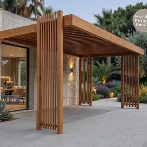 May include: A wooden pergola with a slatted roof and vertical side panels, featuring the text Morden Pergola 5mx3m. The structure is attached to a light-colored stone wall and stands on a paved patio area, providing a shaded outdoor space.