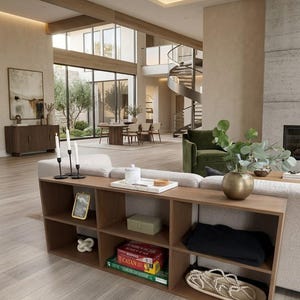 May include: A rectangular wooden console table with six open storage compartments positioned behind a light-colored sofa. The shelves contain a gold-framed picture, a white knot sculpture, a green box, board games, a folded black textile, and beads.