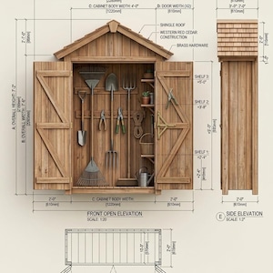 May include: A technical drawing of a Western red cedar garden cabinet with brass hardware and a shingle roof. The diagram displays front, side, and top views with dimensions in feet, inches, and millimeters, showing interior shelves and tool storage.