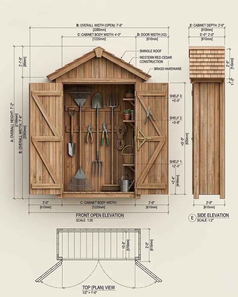 May include: A technical drawing of a Western red cedar garden cabinet with brass hardware and a shingle roof. The diagram displays front, side, and top views with dimensions in feet, inches, and millimeters, showing interior shelves and tool storage.
