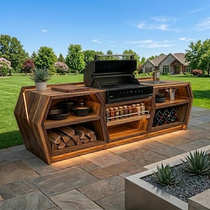 Könnte beinhalten: Eine große, geometrische Außenkücheninsel aus dunklem Holz mit integriertem schwarzen Grill, Regalen, Gewürzregal, Weinregal und einem Stapel Brennholz. Das Möbelstück verfügt über eine warme Unterbauleuchte und eine Topfsukkulente.