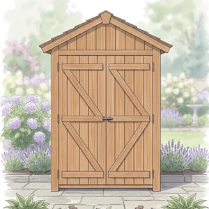 May include: A light brown wooden storage shed featuring a gabled roof and double doors with Z-shaped bracing. The structure has vertical wood paneling and a central metal latch mechanism. The design includes a peaked roofline with trim details.