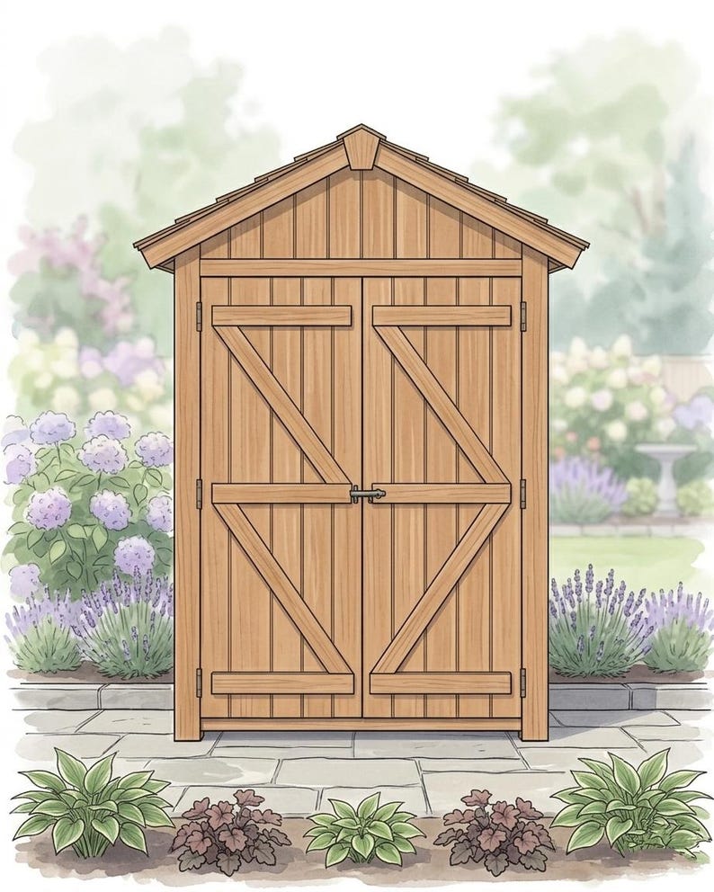 May include: A light brown wooden storage shed featuring a gabled roof and double doors with Z-shaped bracing. The structure has vertical wood paneling and a central metal latch mechanism. The design includes a peaked roofline with trim details.