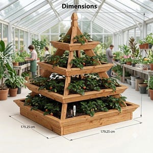 Peut inclure: Une jardinière pyramidale en bois à quatre niveaux remplie de plants de fraisiers. La structure présente une base carrée et un sommet pointu. Les dimensions sont indiquées comme étant 179,25 cm sur 179,25 cm sur 182,06 cm. Bois brun clair.