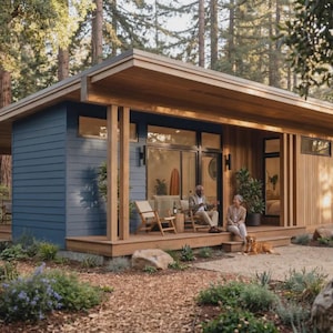 May include: A modern, single-story home with a blue exterior and a wooden porch. The house features a flat roof with wooden overhangs and large windows. Landscaping includes rocks, plants, and a gravel driveway. A couple sits on the porch with a dog.