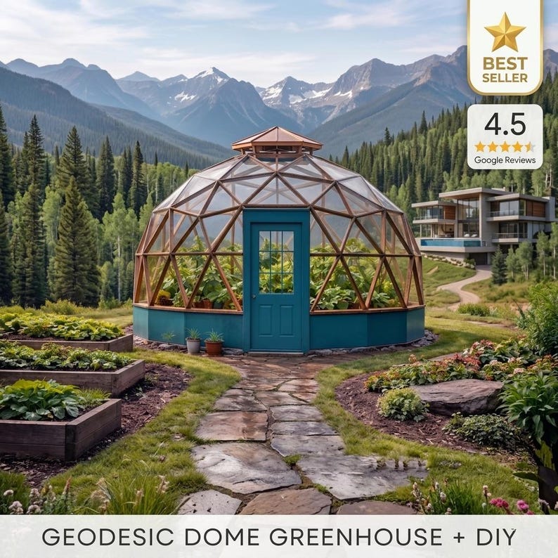 May include: A geodesic dome greenhouse with a teal base and a wooden frame. The dome has a glass exterior and a teal door. The greenhouse is surrounded by a stone pathway, raised garden beds, and lush greenery. The text at the bottom reads "GEODESIC DOME GREENHOUSE + DIY."