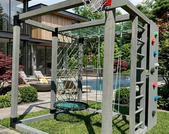 Planos de juegos infantiles modernos / Diseño de columpio para jardín con muro de escalada y red de carga (Descarga en PDF)