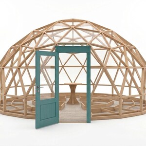 May include: A wooden geodesic dome structure with a teal door ajar, revealing a small table and interior design. The dome is constructed with light-colored wood and clear panels, creating a greenhouse or outdoor living space.