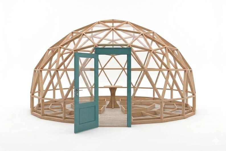 May include: A wooden geodesic dome structure with a teal door ajar, revealing a small table and interior design. The dome is constructed with light-colored wood and clear panels, creating a greenhouse or outdoor living space.