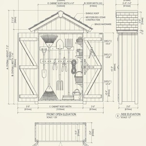 May include: A technical architectural drawing of a garden storage cabinet with double doors, featuring a shingle roof, western red cedar construction, and brass hardware. The diagram includes front, side, and top views with imperial and metric dimensions.