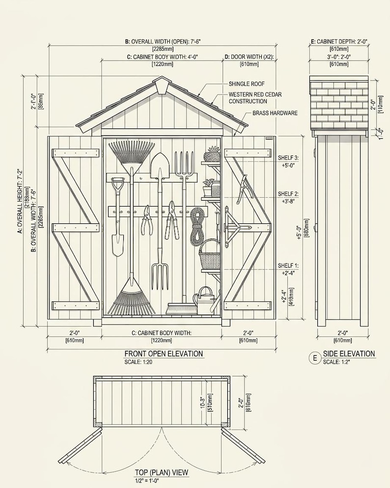 May include: A technical architectural drawing of a garden storage cabinet with double doors, featuring a shingle roof, western red cedar construction, and brass hardware. The diagram includes front, side, and top views with imperial and metric dimensions.