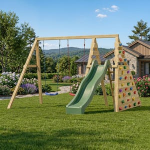 Op de afbeelding: Houten buitenspeeltuin met een schommel, glijbaan en klimmuur. De glijbaan is groen en de klimmuur heeft kleurrijke klimgrepen. De speeltuin staat op een groen gazon met een huis op de achtergrond.