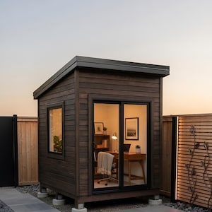 May include: A dark brown wooden backyard office shed with a slanted roof and large glass sliding doors. The interior features a desk, chair, and lamp. The shed is surrounded by a stone patio and wooden fence.