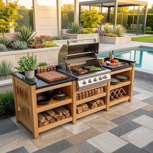 May include: An outdoor kitchen island featuring a stainless steel gas grill with an open lid, a black granite countertop, and light wood cabinetry. The unit includes open shelving for firewood, spice jars, cookware, and a wine rack, with hanging utensils.