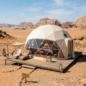 May include: A geodesic dome tent with a transparent front, set on a wooden deck in a desert landscape. The interior features a bed, and the exterior includes lounge chairs and a small table. A sign reads "DOME 04 THE DESERT HAVEN."