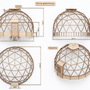 May include: A detailed diagram of a wooden dome greenhouse, showcasing front, side, top, and perspective views. The design includes a door, aerator, and geometric paneling. Dimensions are provided in inches, with the overall height at 179.22 inches.