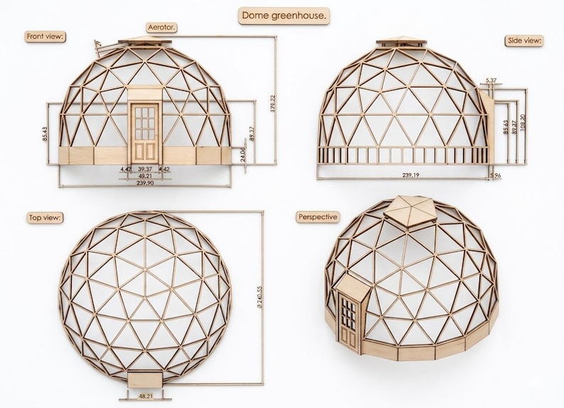 May include: A detailed diagram of a wooden dome greenhouse, showcasing front, side, top, and perspective views. The design includes a door, aerator, and geometric paneling. Dimensions are provided in inches, with the overall height at 179.22 inches.