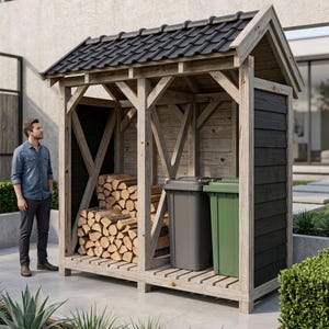 May include: A wooden outdoor storage structure with a black tiled gabled roof, featuring two open bays. One bay contains stacked firewood logs, while the other bay houses a grey plastic waste bin and a green plastic waste bin on a slatted floor.