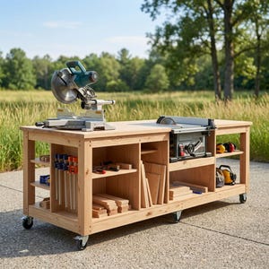 May include: A light-colored wooden workbench on wheels featuring a miter saw on the left and a table saw on the right. The unit includes multiple open storage shelves containing various metal clamps, wooden boards, and safety earmuffs.