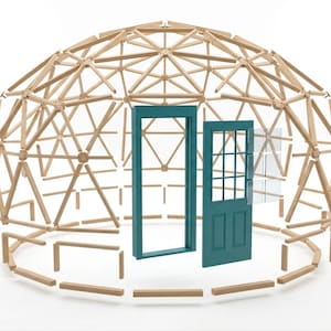 May include: A wooden geodesic dome structure with a teal door frame and door. The dome is constructed from light-colored wooden beams, forming a geometric pattern. Additional wooden pieces are arranged around the base, suggesting assembly. The design is modern and architectural.