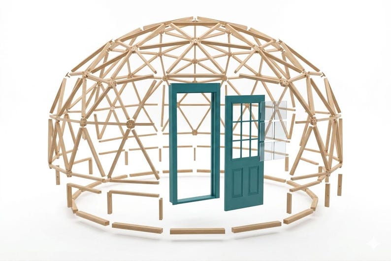 May include: A wooden geodesic dome structure with a teal door frame and door. The dome is constructed from light-colored wooden beams, forming a geometric pattern. Additional wooden pieces are arranged around the base, suggesting assembly. The design is modern and architectural.