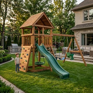 May include: A wooden playset with a climbing wall, green slide, and swings. The playset has a wooden roof and is set on a green lawn. A child is standing next to the playset.