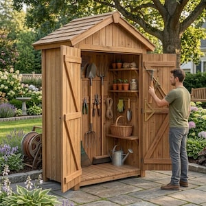 May include: A tall, vertical wooden garden storage shed with double doors, featuring a gabled roof and interior shelving. The shed contains various gardening tools, including shovels, rakes, a wicker basket, and a metal watering can, organized on hooks and shelves.